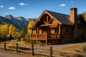 HDR photo of a round-log mountain home in Edwards, CO with aspens, alpine peaks, and a bronze metal roof.
