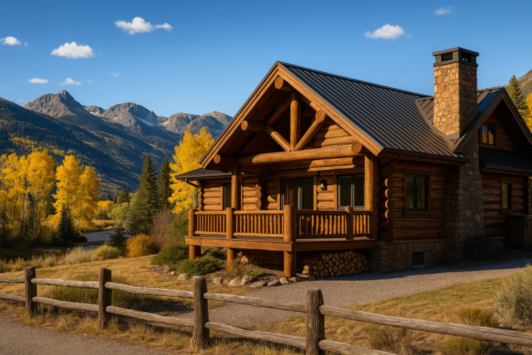 HDR photo of a round-log mountain home in Edwards, CO with aspens, alpine peaks, and a bronze metal roof.