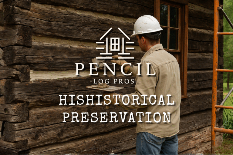 Craftsman restoring historic log structure with care, applying preservation treatment to aged wood for long-term protection.