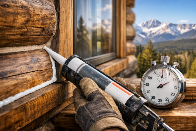 Caulk gun applying a smooth bead beside a drying-time clock icon with a Colorado mountain backdrop, illustrating how long does caulk take to dry.