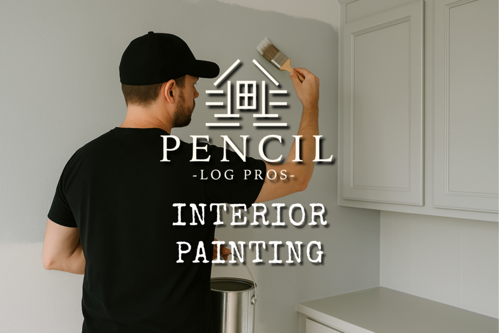 Interior Painting - Painter in black uniform applying fresh paint to interior wall with precision, focusing on clean lines and high-quality finish.