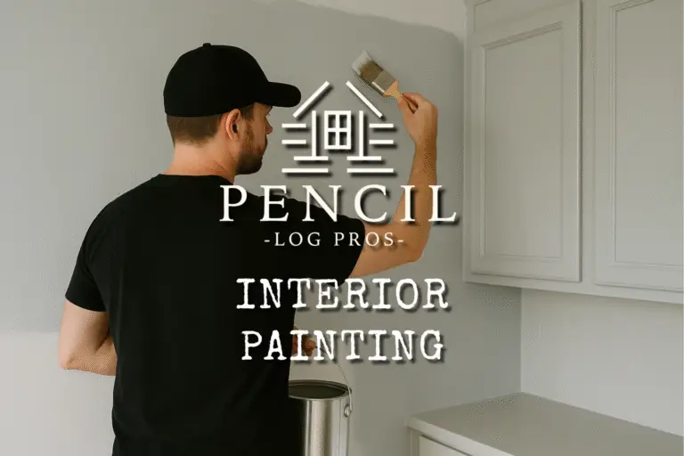 Services Interior Painting - Painter in black uniform applying fresh paint to interior wall with precision, focusing on clean lines and high-quality finish.