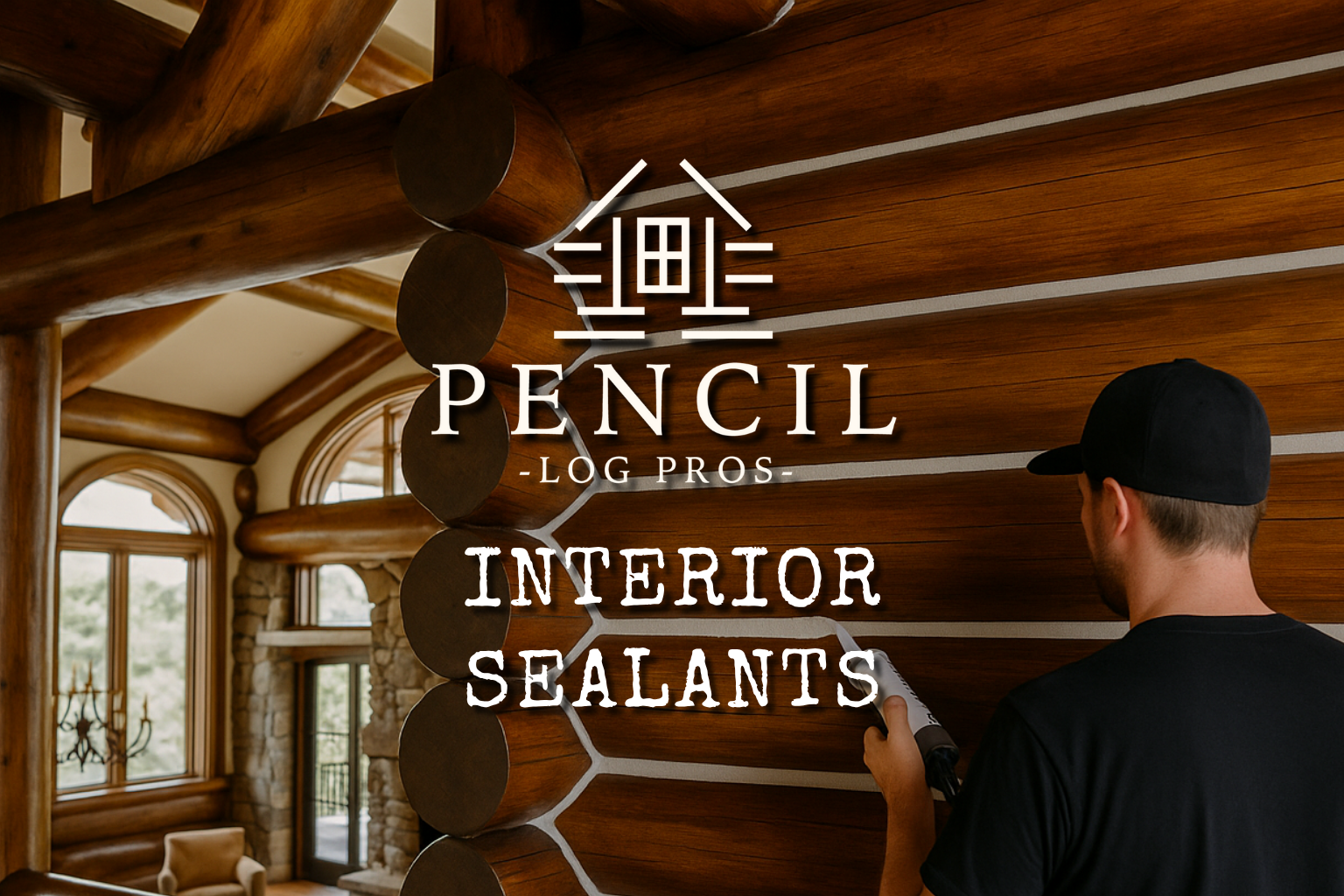 Professional applying interior sealant to luxury log home wall, highlighting precise chinking lines and rich wood finish.