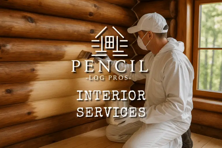 Services Interior Services - Professional applying stain and sealant to log home interior walls with brush, enhancing wood tone and surface protection.