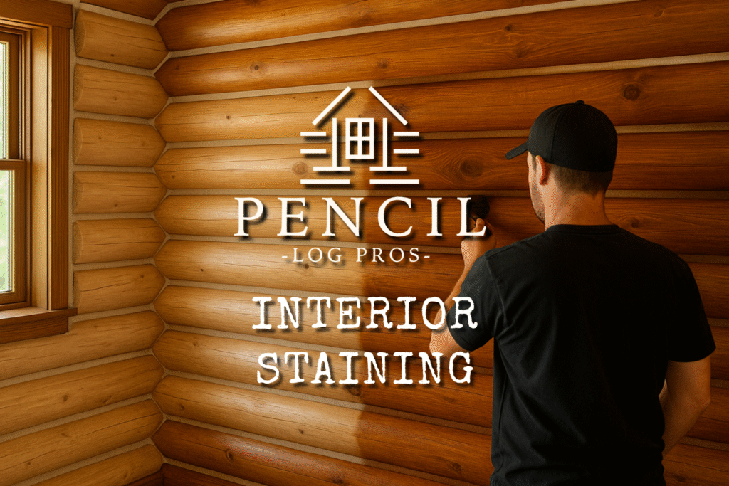 Interior Staining and Finishing - A Professional applying stain to interior log walls, showing smooth color transition and craftsmanship inside a luxury log home.