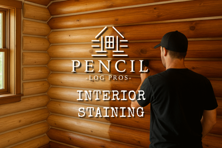 Interior Staining and Finishing - A Professional applying stain to interior log walls, showing smooth color transition and craftsmanship inside a luxury log home.