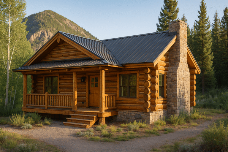 Restored log cabin in Lake City, Colorado with natural wood finish, stone foundation, and metal roof surrounded by aspens and mountain forest.