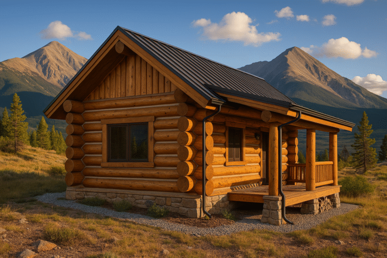 Leadville, CO log cabin with round lodgepole logs, metal roof, and Sawatch peaks in late afternoon light