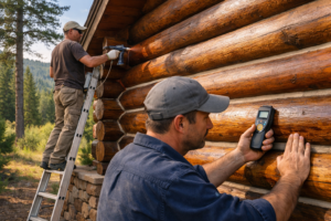 Log cabin maintenance cost featured image of contractors staining log walls and checking moisture with a meter during exterior maintenance.