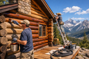 Local log cabin restoration services in Colorado with crew refinishing mountain log home