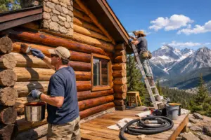 Local log cabin restoration services in Colorado with crew refinishing mountain log home