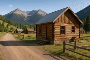 Log cabin with metal roof on a gravel road in Tincup, Colorado, with alpine peaks in the background.