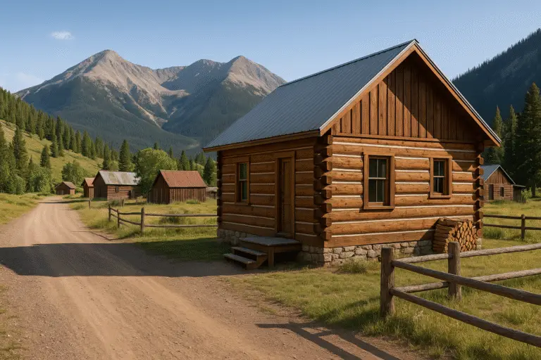 Log cabin with metal roof on a gravel road in Tincup, Colorado, with alpine peaks in the background.