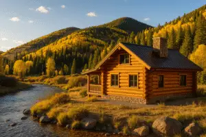 Honey-amber log home above Quartz Creek near Ohio City, CO with fall aspens, spruce, and clear stream at golden hour