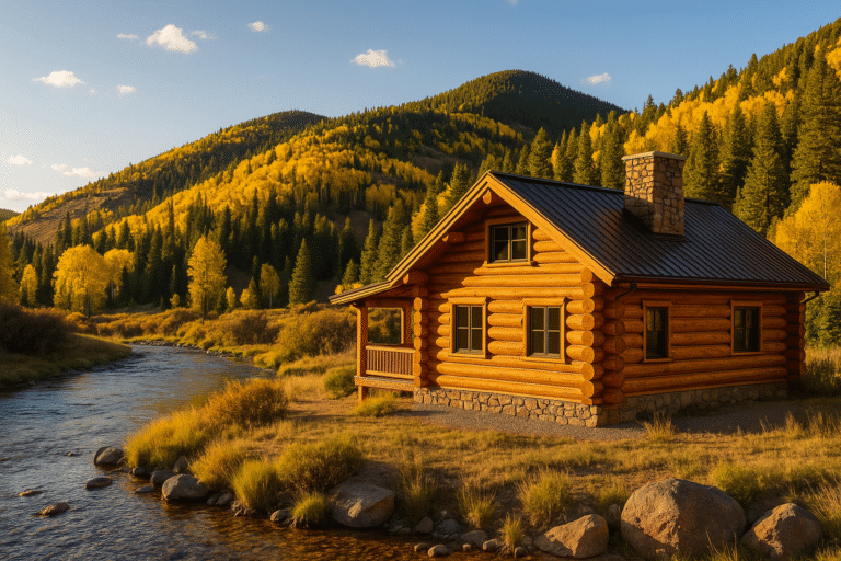 Honey-amber log home above Quartz Creek near Ohio City, CO with fall aspens, spruce, and clear stream at golden hour