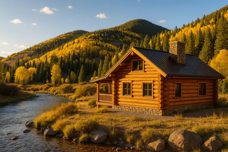 Honey-amber log home above Quartz Creek near Ohio City, CO with fall aspens, spruce, and clear stream at golden hour