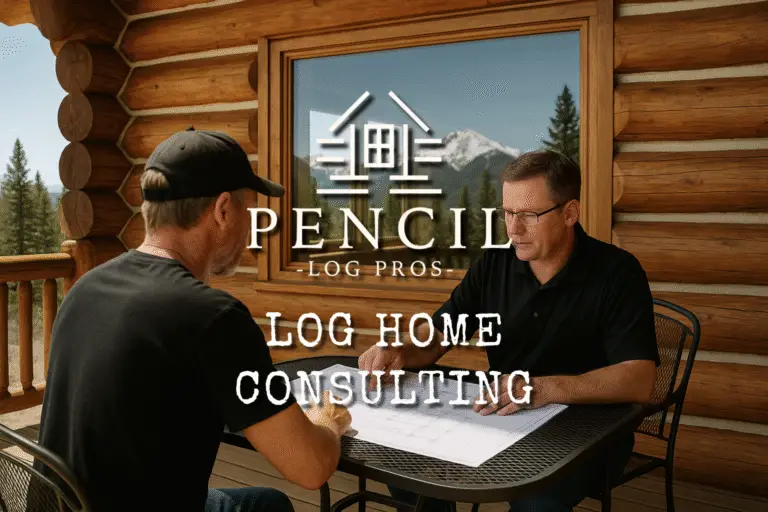 Services Log Home Consulting - Two professionals reviewing blueprints at a mountain log home site in Colorado, discussing restoration and maintenance plans.