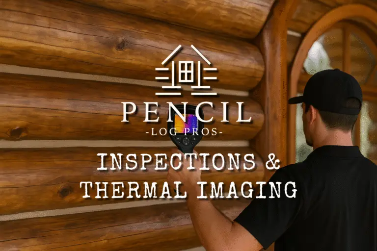 Services Log Home Inspections & Thermal Imaging - Professional inspector using thermal imaging camera on a log home exterior to identify heat loss, moisture, and insulation issues.