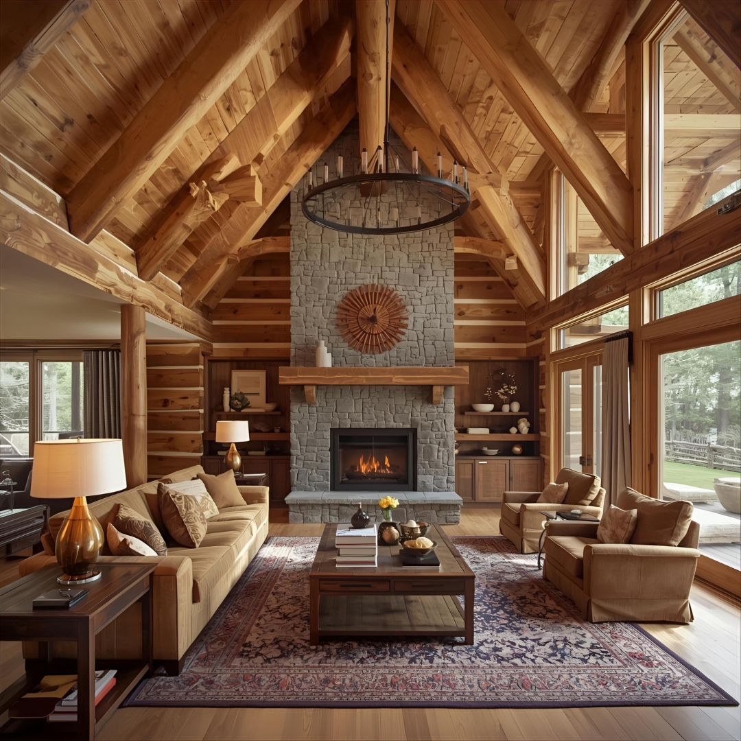 Applying low-odor clear coat and interior chinking on a finished log wall inside a home