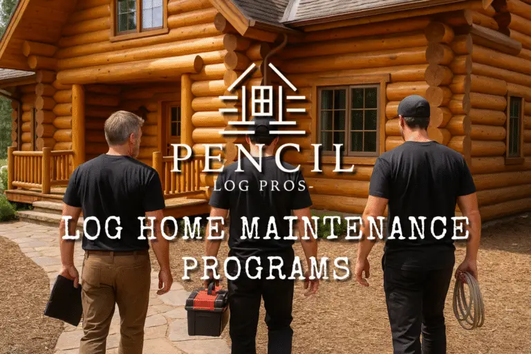 Services Three log home maintenance professionals walking toward a log home carrying tools and inspection equipment, preparing for routine maintenance service.