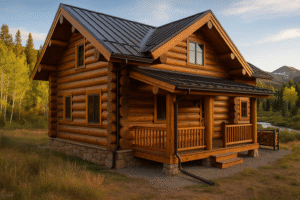Hand-peeled log home near Quartz Creek in Pitkin, CO with metal roof at golden hour