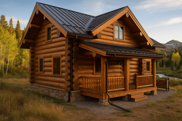 Hand-peeled log home near Quartz Creek in Pitkin, CO with metal roof at golden hour