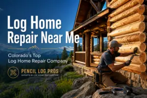 Pencil Log Pros - Log home repair contractor working on a Colorado log cabin exterior