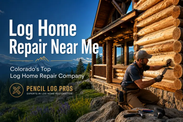 Pencil Log Pros - Log home repair contractor working on a Colorado log cabin exterior