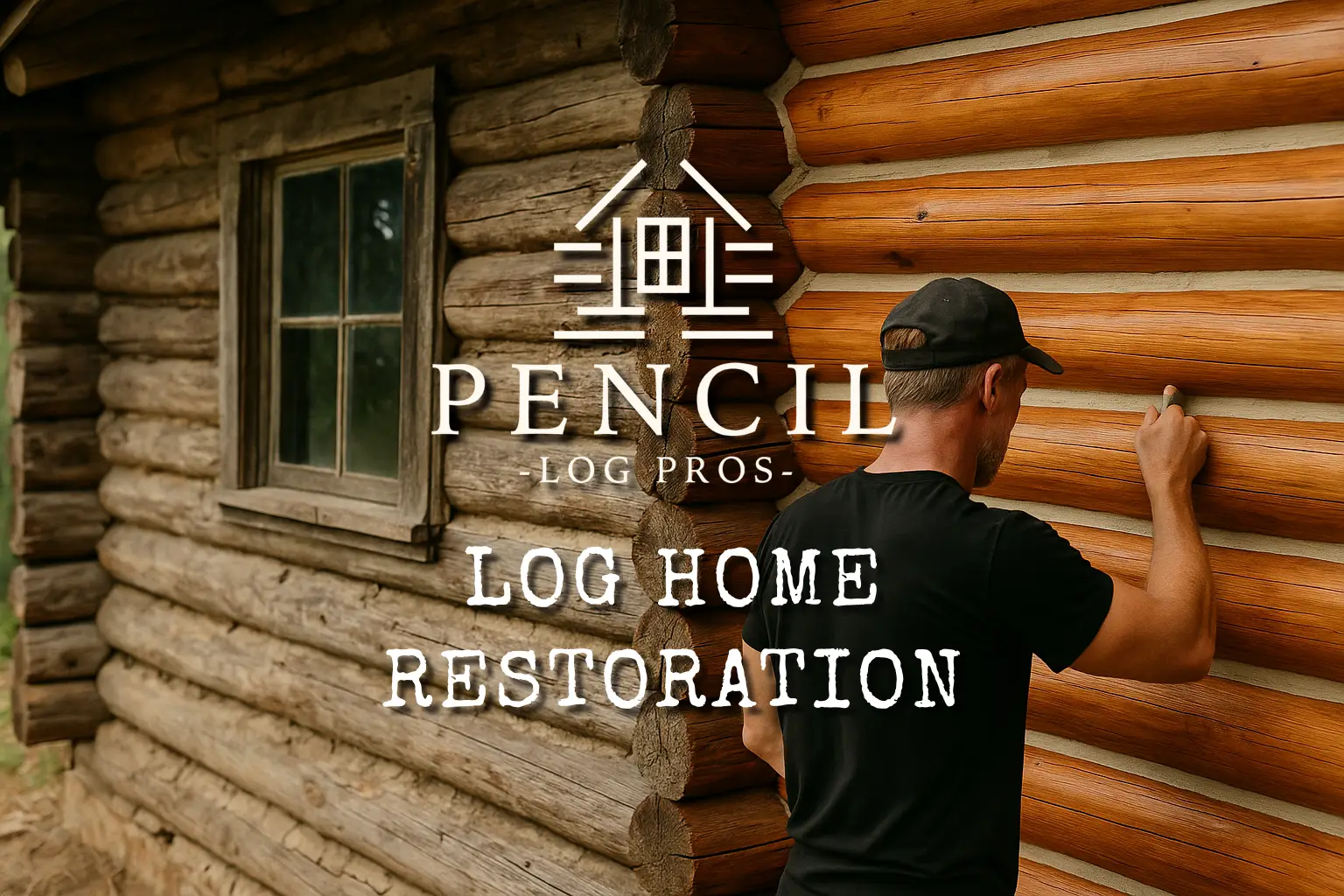 Professional Log Home Restoration Experts - Craftsman restoring aged log cabin, applying new chinking to freshly refinished wood beside weathered logs, showing transformation and craftsmanship. Call us for professional Log Cabin Restoration.