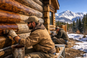 Technician staining logs and applying chinking on a Colorado cabin, illustrating log home restoration cost and log cabin restoration cost factors.