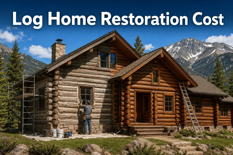 Log home restoration cost in Colorado showing a weathered log cabin being restored with fresh stain, chinking, ladders, and mountain scenery