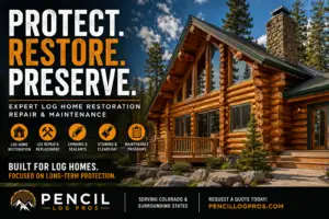 Log home restoration near me featuring Pencil Log Pros expert log home repair, chinking, staining, and maintenance services.