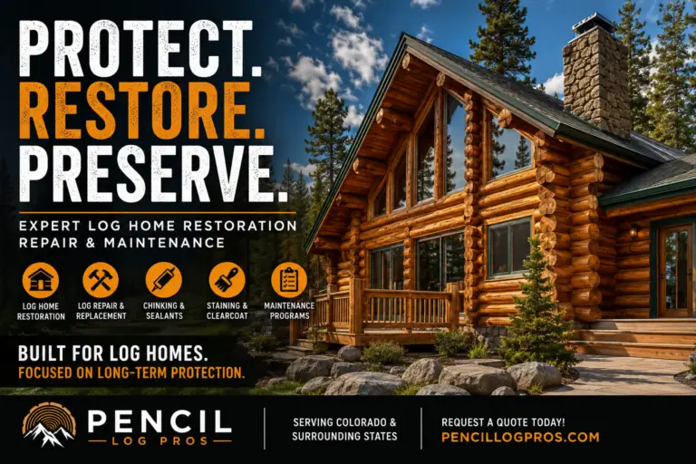 Log home restoration near me featuring Pencil Log Pros expert log home repair, chinking, staining, and maintenance services.