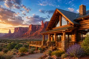 Restored log home in Castle Valley, Utah with red rock cliffs, desert landscaping, and warm sunset light.