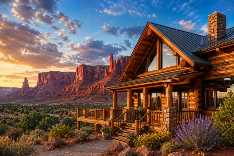 Restored log home in Castle Valley, Utah with red rock cliffs, desert landscaping, and warm sunset light.