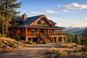 Well-maintained log home in the foothills of Conifer, CO with freshly stained logs, timber porch, and pine forest surroundings