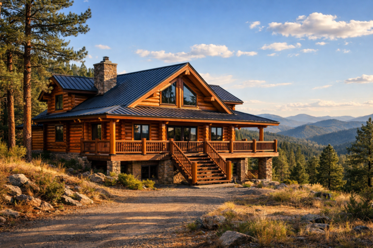 Well-maintained log home in the foothills of Conifer, CO with freshly stained logs, timber porch, and pine forest surroundings