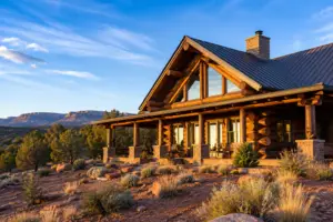 Beautifully restored log home in Cortez, Colorado with warm stained logs, stone accents, desert landscaping, and distant mesas.