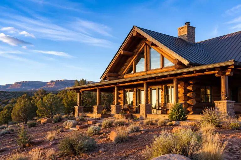 Beautifully restored log home in Cortez, Colorado with warm stained logs, stone accents, desert landscaping, and distant mesas.