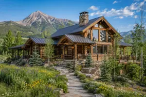 Beautifully restored log home in Crested Butte, CO with mountain views, aspen trees, wildflowers, and rich natural wood finishes