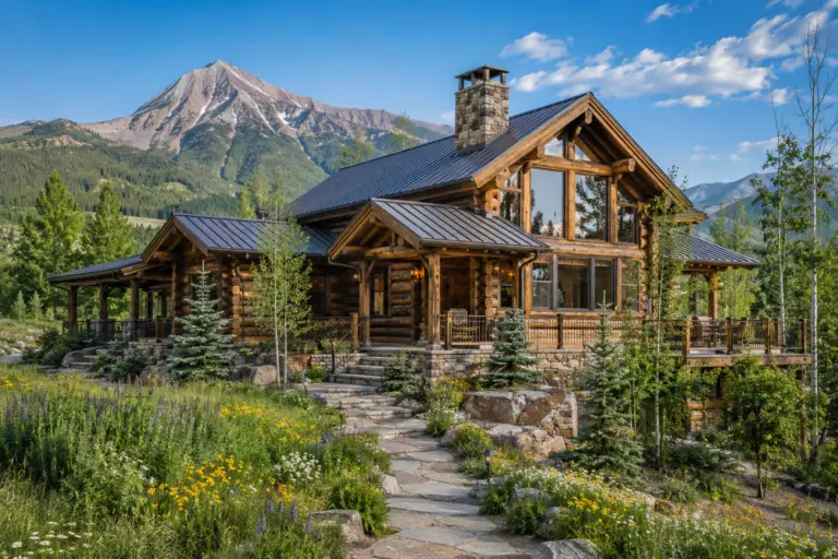 Beautifully restored log home in Crested Butte, CO with mountain views, aspen trees, wildflowers, and rich natural wood finishes