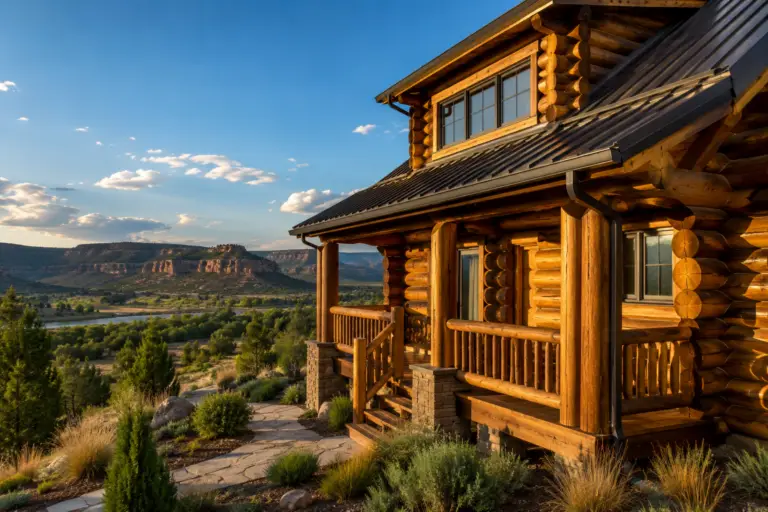 Beautifully restored log home in Dolores, Colorado with golden-brown logs, clean chinking, and Southwest Colorado mesa views