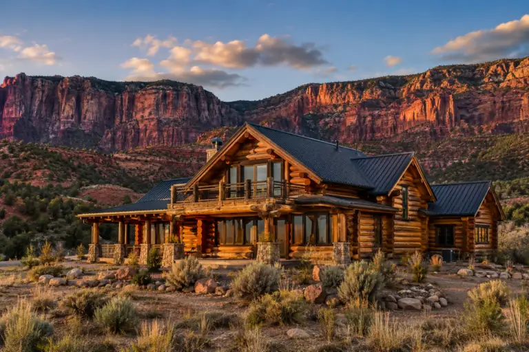 Beautifully restored log home in Gateway, Colorado with red rock canyon cliffs and high-desert landscaping