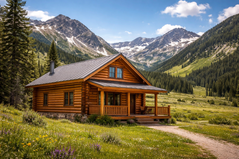 Well-maintained log cabin in a high-mountain valley near Gothic, Colorado with snowcapped peaks and green meadow