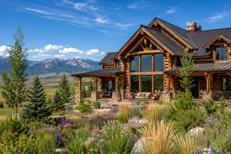 Beautifully restored log home in Gunnison, CO with mountain views, open valley scenery, wildflowers, and rich natural wood finishes