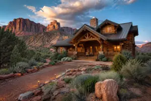 Beautiful restored log home near Moab Utah with red rock desert cliffs and natural high-desert landscaping