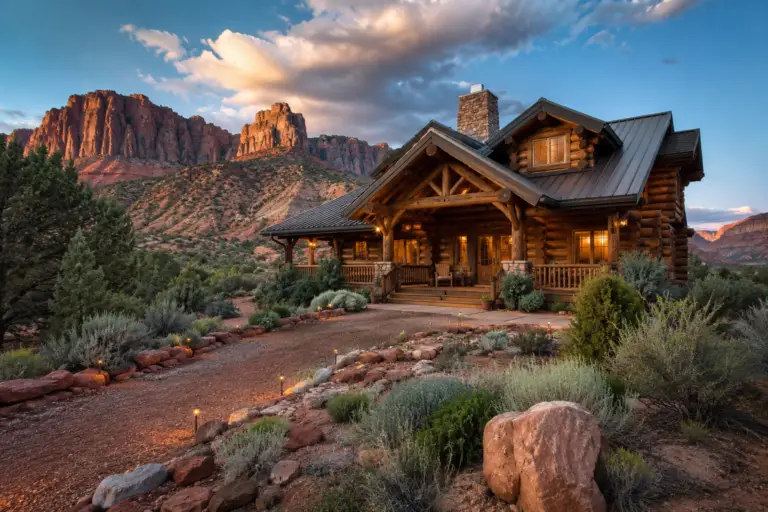 Beautiful restored log home near Moab Utah with red rock desert cliffs and natural high-desert landscaping