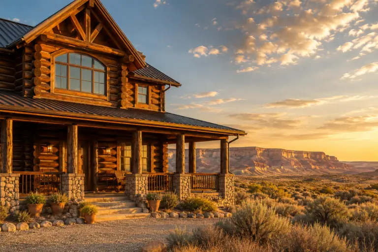 Restored log home in Naturita, Colorado with rich wood stain, clean chinking, stone accents, and high-desert canyon views