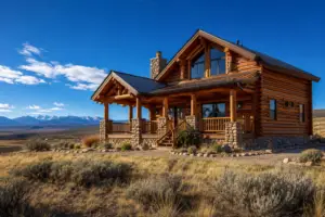 Restored log home in Norwood, Colorado with warm stained logs, clean chinking, stone accents, dry mesa grasses, and distant mountain views.