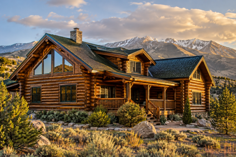 Restored log home near the La Sal Mountains in Old La Sal, Utah with fresh stain, clean chinking, and high-desert mountain scenery.